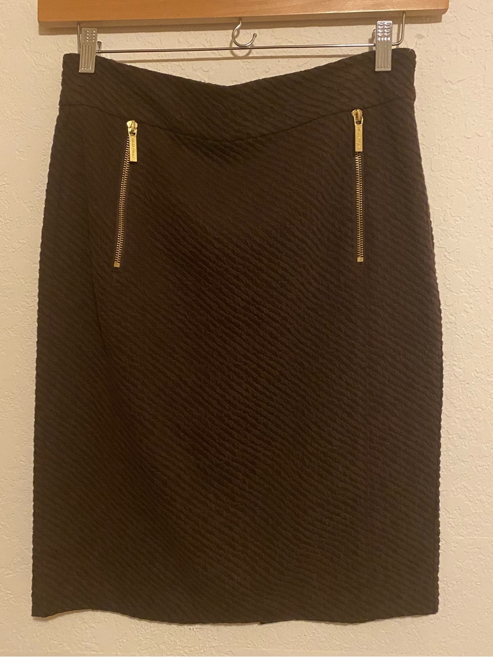 MICHAEL Michael Kors Herringbone Chevron Knit Pencil Skirt Gold Zippers Size M
